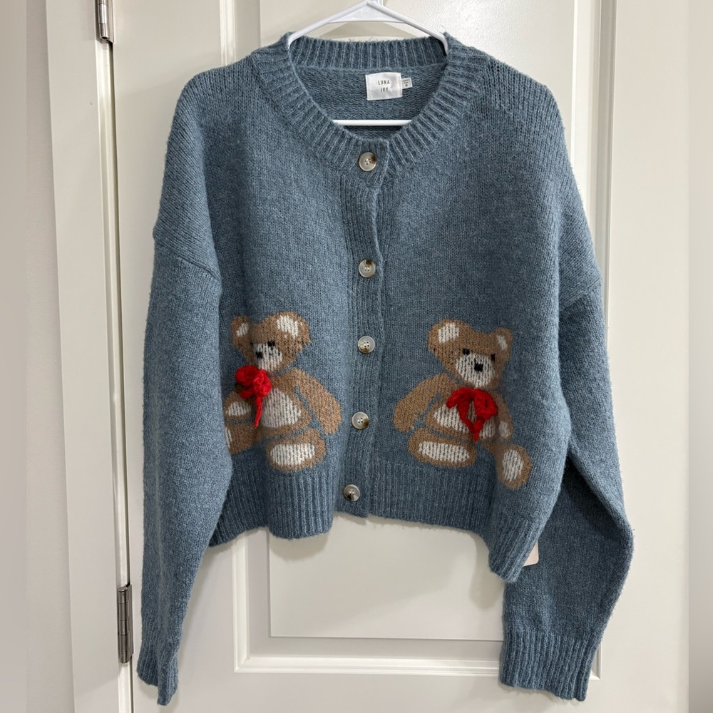 Luna Ivy Anthropologie Cozy Blue Cardigan with Teddy Bear Bow tie Design